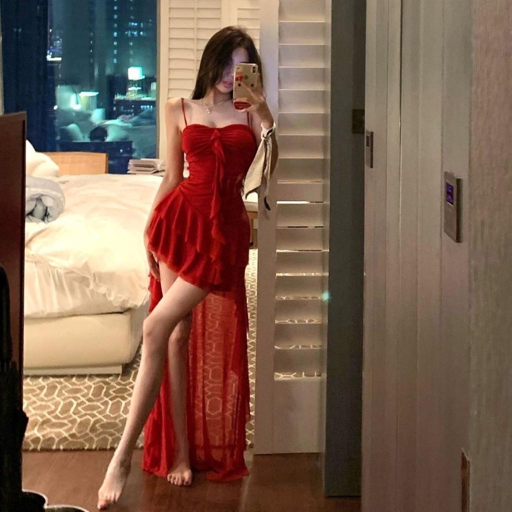 Lotus Leaf Mesh Pure Desire Tube Top Suspender Dress Summer New Super Fairy Sweet Spice Slim Trailing Skirt