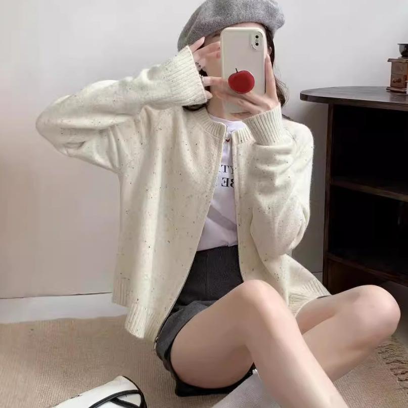 Crew neck short sweater jacket women's loose autumn 2025 new zipper knitted cardigan loose top women's trend