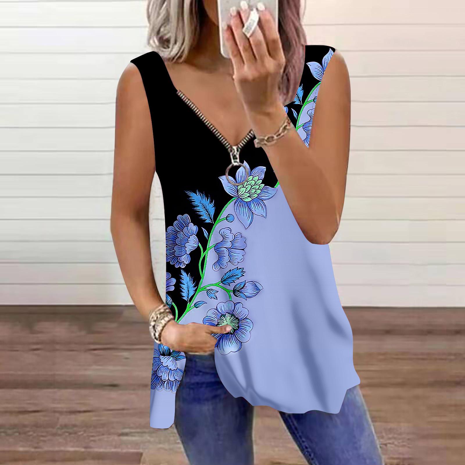 

Женский топ, летний, сегментированный, с принтом, повседневный, большого размера, без рукавов, на молнии, с V-образным вырезом, майка 8XL