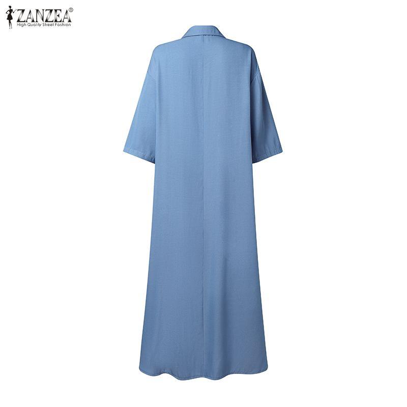 ZANZEA Women Casual Turn Down Collar Short Sleeve Patchwork Long Shirt Dress