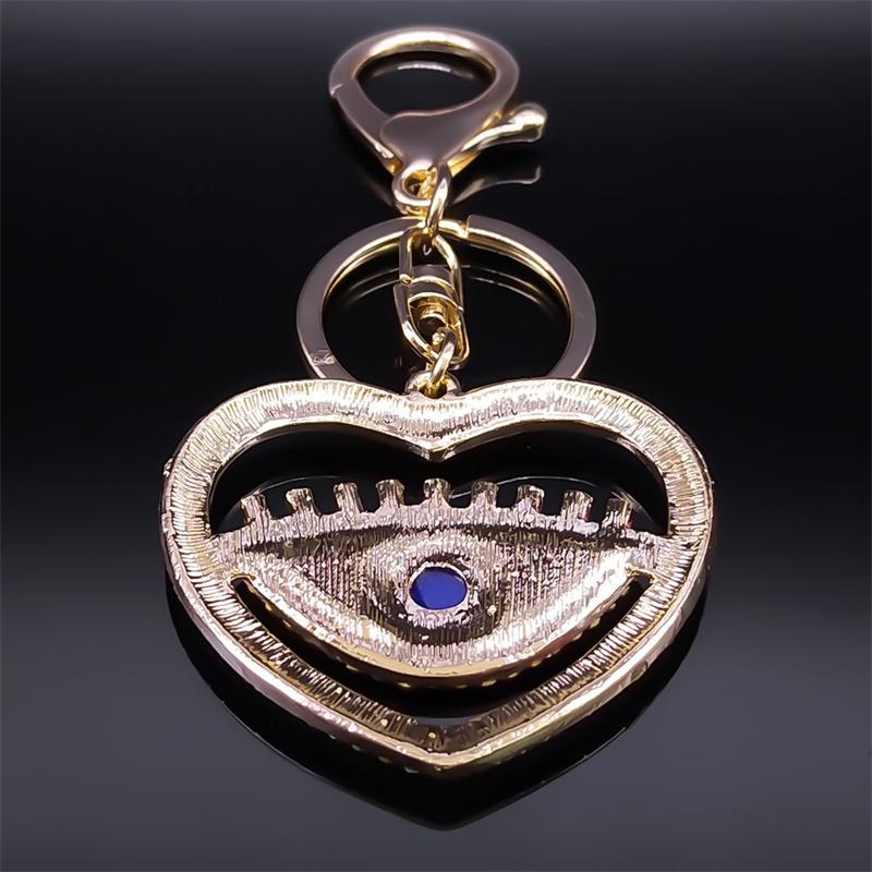 Sweet Pink Crystal Love Heart Evil Blue Eye Key Chain for Women Men Alloy Gold Color Turkish Eyes Hollow Keyring Jewelry Gifts