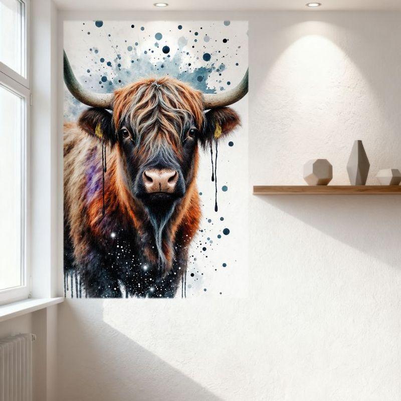Artistic Highland Cow Watercolor Style Metal Tin Sign, Shaggy Brown Black Fur with Paint Splashes, Whimsical Abstract Wall Decor
