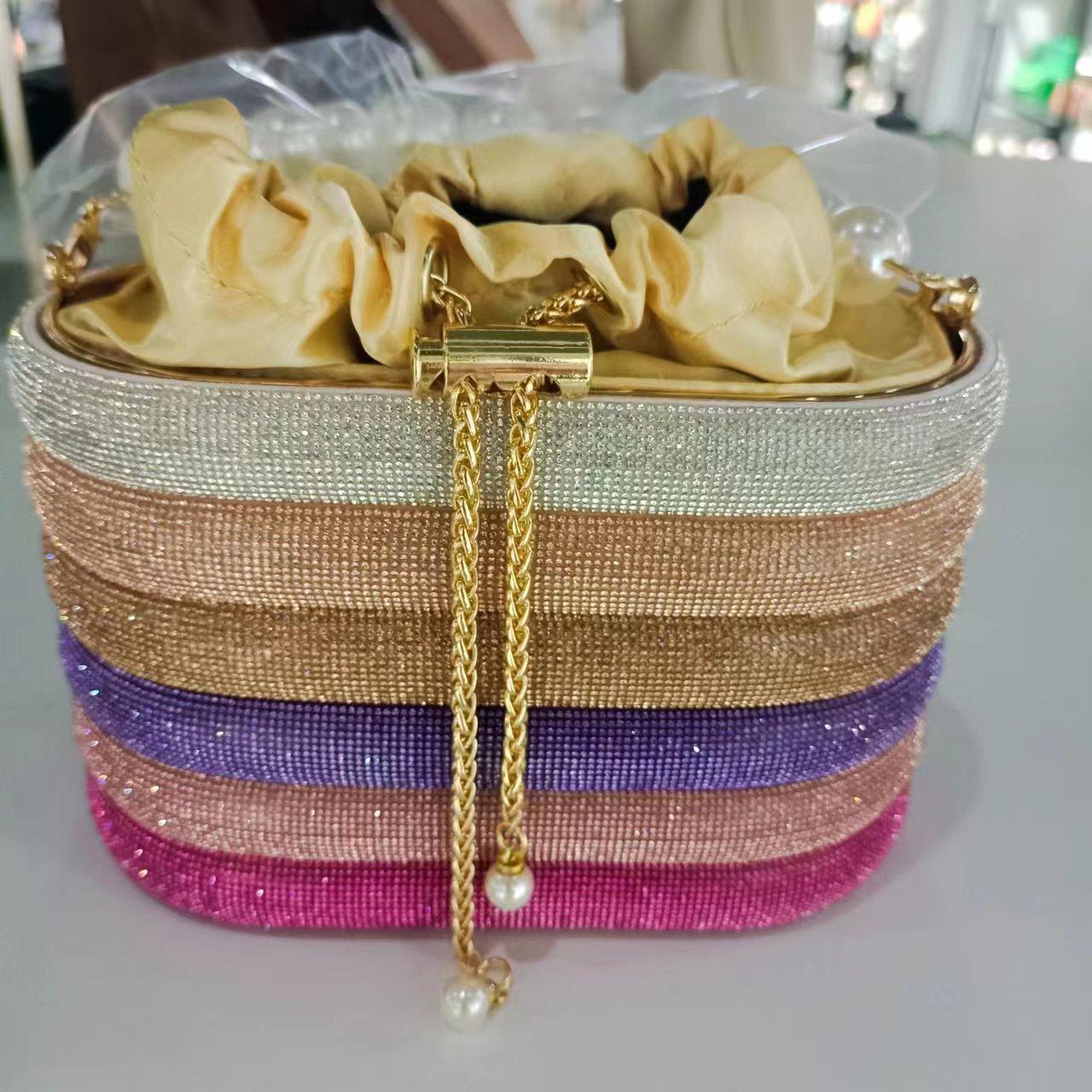 Crystal Metal Evening Clutch Bags Women Boutique Pearl Handle Shiny Color Blocking Rhinestone Purse and Handbags Bridal Wedding