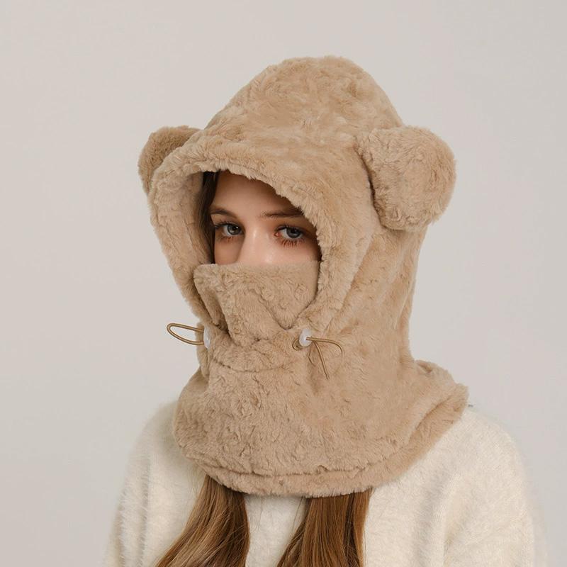 1Pc Bear Shaped Winter Lei Feng Hat Warm Integrated Thicken Scarf Fleece-lined Plush Hat Mask