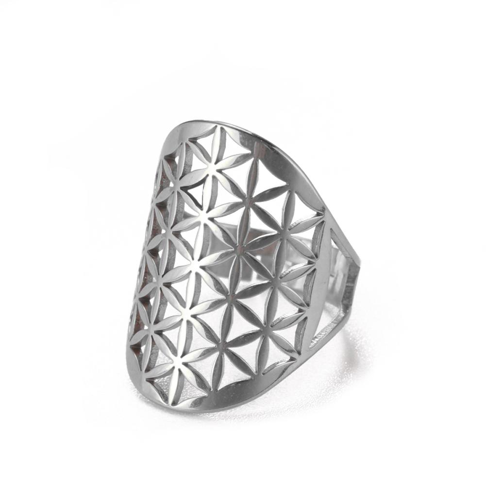 Dawapara Flower of Life Talisman Resizable Finger Rings for Men Women Hollow Adjustable Ring Stainless Steel Jewelry