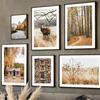 Autumn Forest Cabin Wood Deer Chrysanthemum Wall Art Canvas Painting Posters And Prints Wall Pictures For Living Room Home Decor