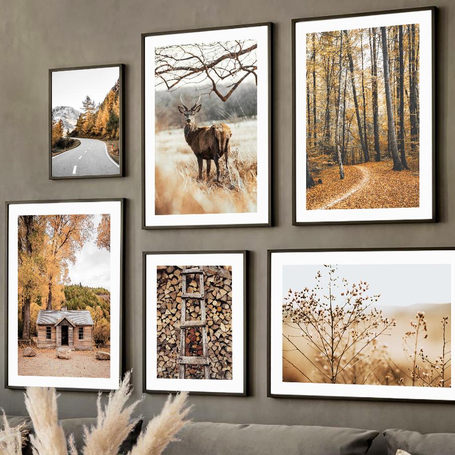 Autumn Forest Cabin Wood Deer Chrysanthemum Wall Art Canvas Painting Posters And Prints Wall Pictures For Living Room Home Decor