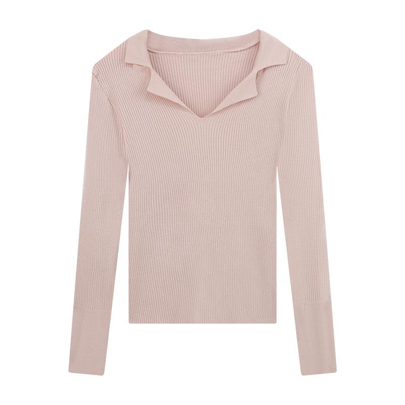 

Французский темперамент воротник ПОЛО осенний женский вязаный свитер дизайн Sense базовая рубашка приталенный топ S розовый