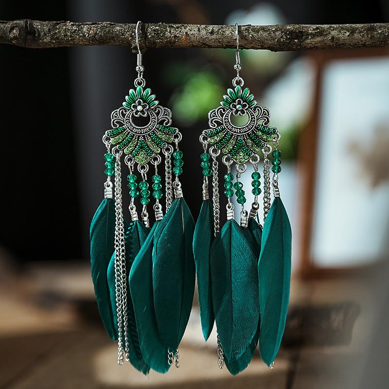 

Vintage Ethnic Feathers Tassel Earrings For Women Long Chain Rhinestone Beads Handmade Big Drop Dangling Earrings Female Zircon зелений