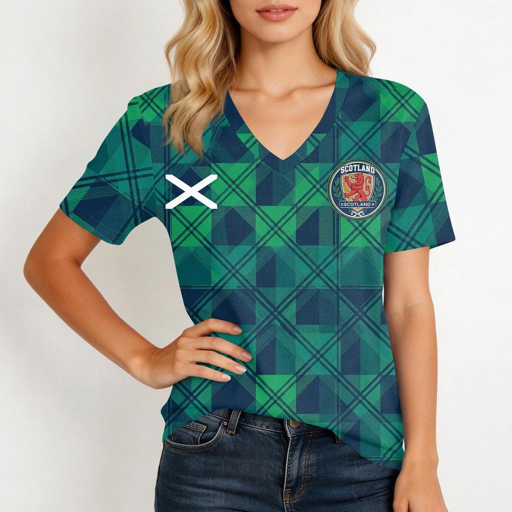 Women's Casual Short Sleeve V-Neck T-Shirt with Soccer Flag Print for Day Fan Wear