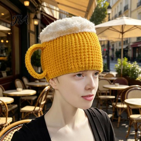 Unique 3D Beer Cup Headwear Funny Mug Hat, Novelty Knitted Leg Warmers Hat with Handles, Winter Warm Gloves for Adults Men And Women Cozy Thanksgiving