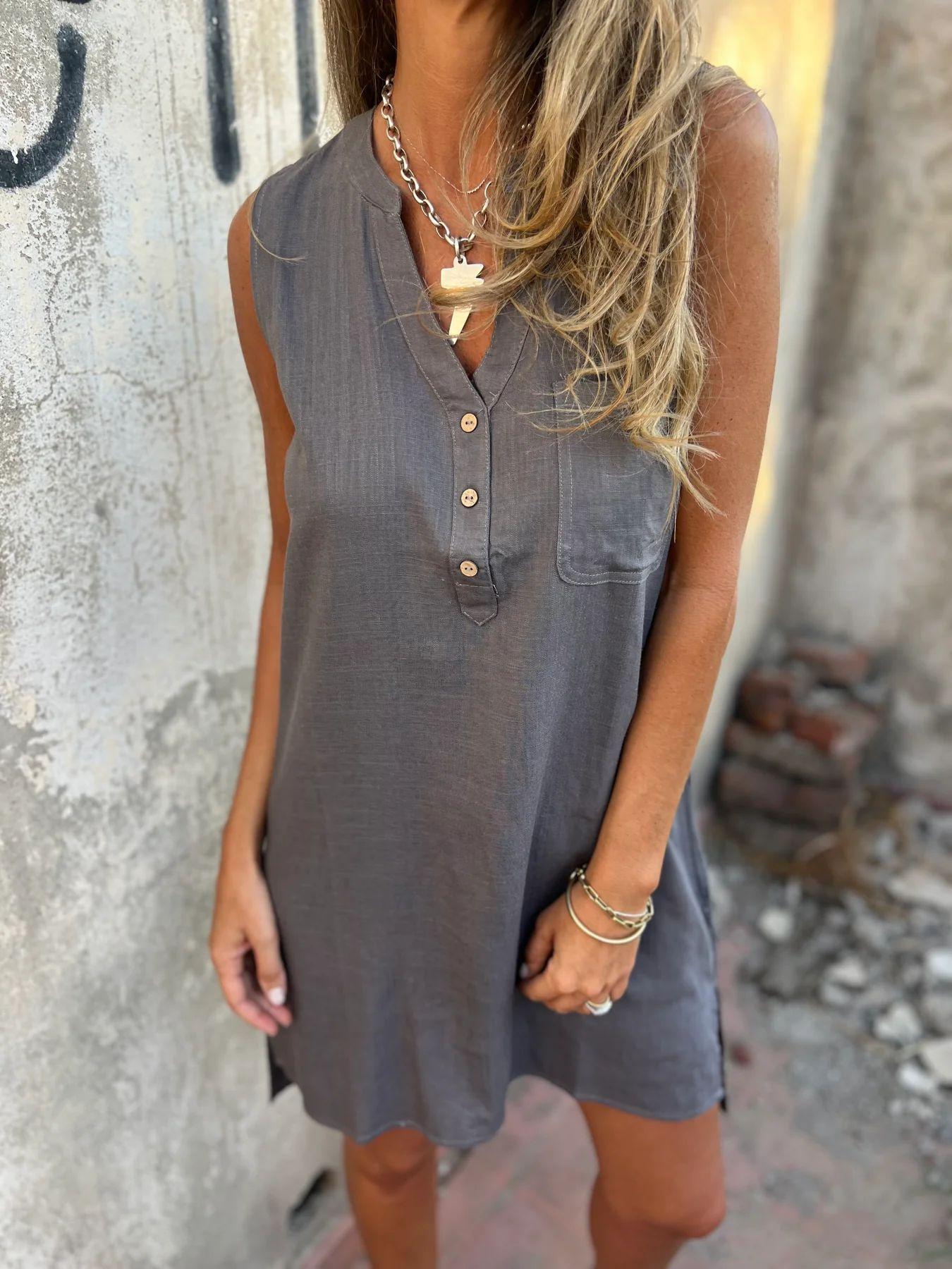 

Повседневные платья из хлопка и льна для женщин летние без рукавов на пуговицах с карманом с глубоким V-образным вырезом для вечеринки мини женские платья синие XXXL серый