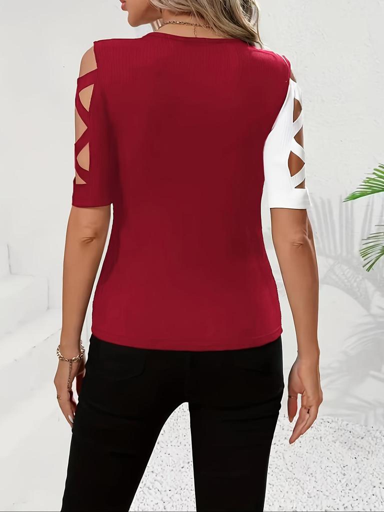 Damski Top Kolorowy Blokowy Z Odkrytymi Ramionami, Krótki Rękaw, Wyszczuplający, Elastyczny, Duży Rozmiar