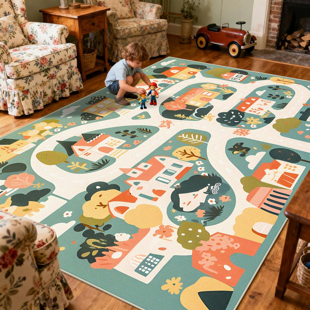 Children Amusement Park Living Room Carpet Thickened Short Velvet Cartoon Road Large Rugs Decor Bedroom Baby Crawling Mat Floor