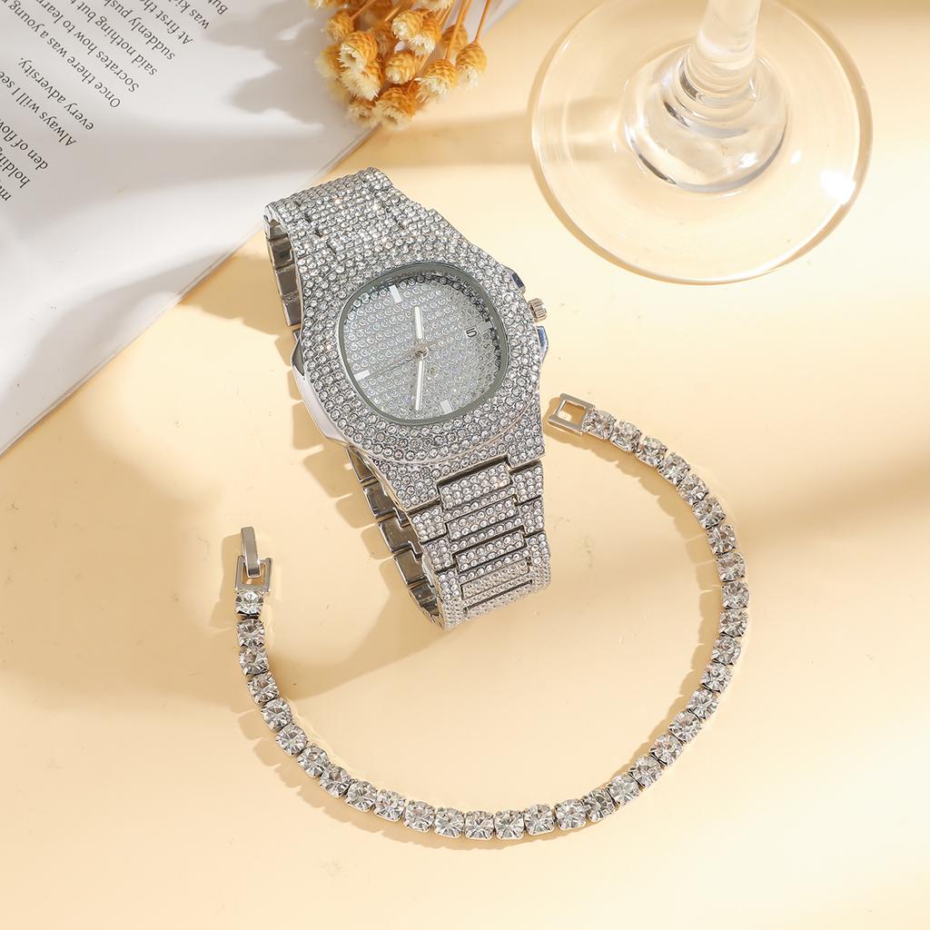 No Gift Box; Silver-gray Ladies' Quartz Watch Strap with Diamond Jewelry Set of Three Pieces, Suitable for Holiday Gifts.