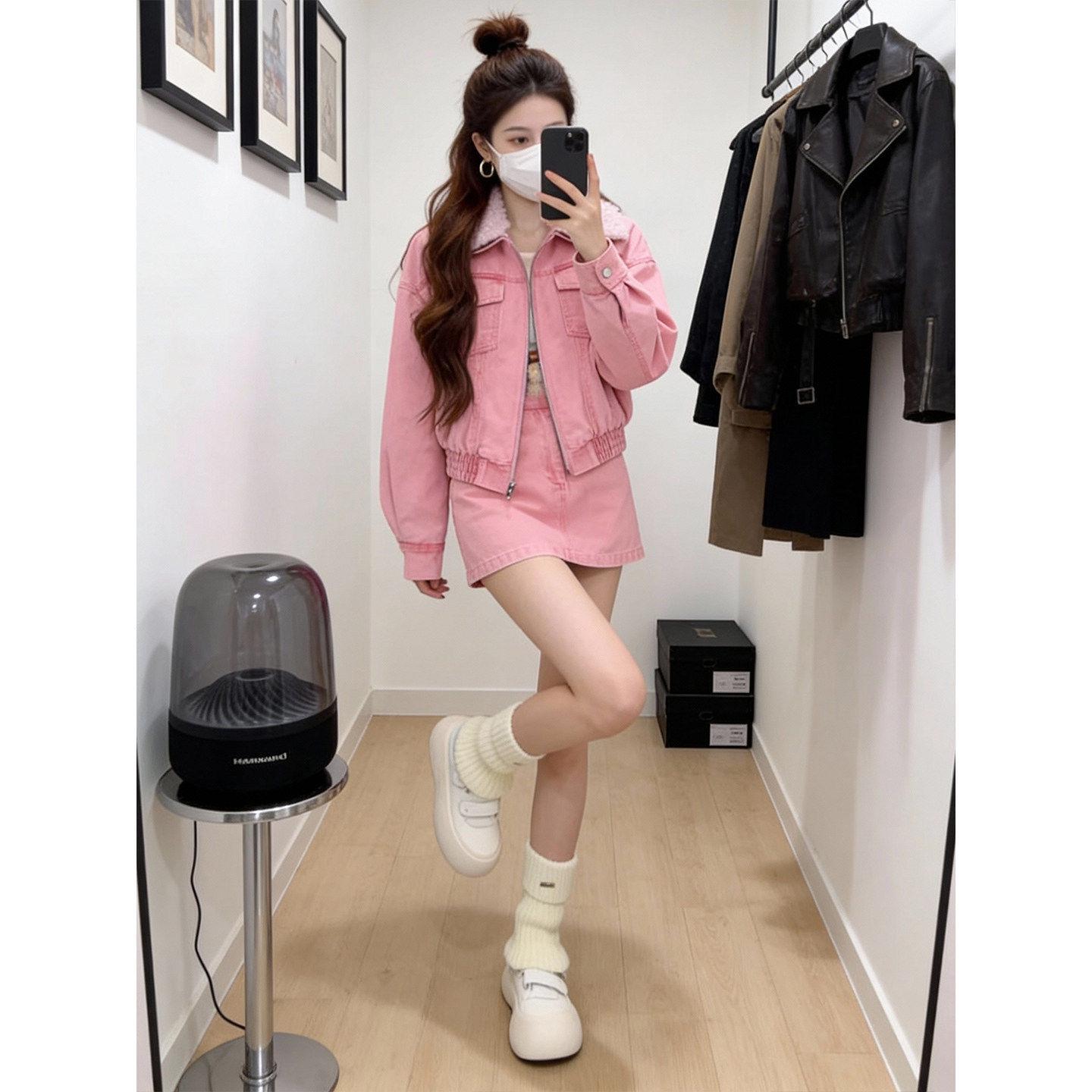 Early Spring Korean Style Fur Patchwork Denim Jacket & A-Line Mini Skirt Set L