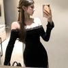 Chic French One-Shoulder Lace Patchwork Dress: Sultry, Slim-Fit, Hip-Hugging Long Skirt