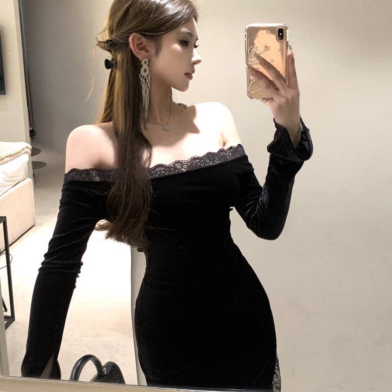 Chic French One-Shoulder Lace Patchwork Dress: Sultry, Slim-Fit, Hip-Hugging Long Skirt