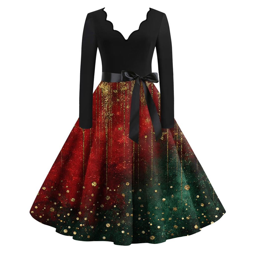 Damen Lässig Und Modisch V-Ausschnitt Langärmlig Weihnachten Bedrucktes Kleid