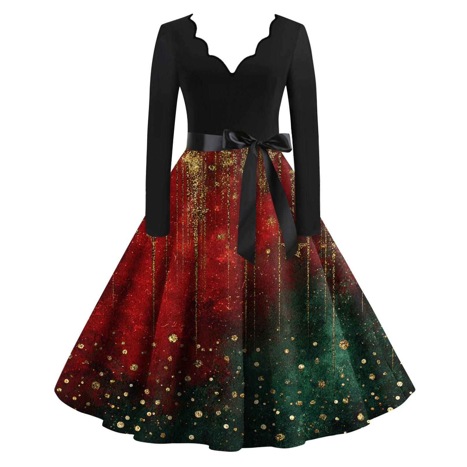 

Женское повседневное и модное платье с V-образным вырезом, длинными рукавами и рождественским принтом M