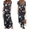 Women Short Sleeves High Slit Vintage Print Backless Sundresses for Summer