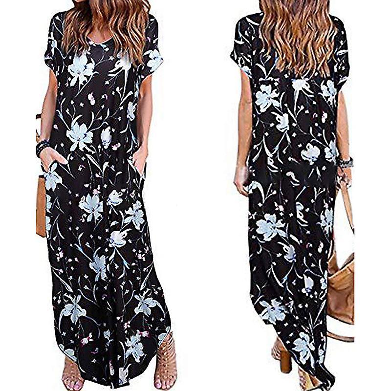 Women Short Sleeves High Slit Vintage Print Backless Sundresses for Summer