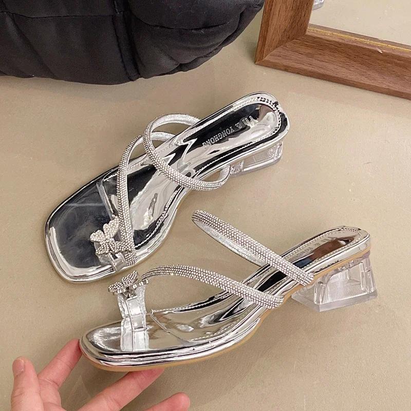 Fashion 2025 Luxury Crystal Butterfly Sandals Women Summer Fashion Clear Heel Wedding Party Shoes Woman Clip Toe Thick Heeled Sandalias