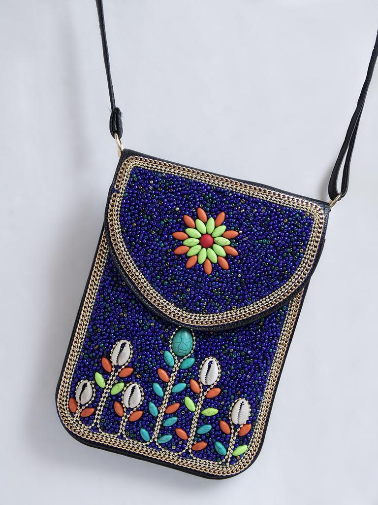 Bohemian Theme Pu Handbag With Magnetic Flap And Floral Accents For Daily Outings