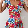 Damen Blumendruck Rüschenärmel Badekleid Seiten Schleife Dekoration Einteiler Badeanzug