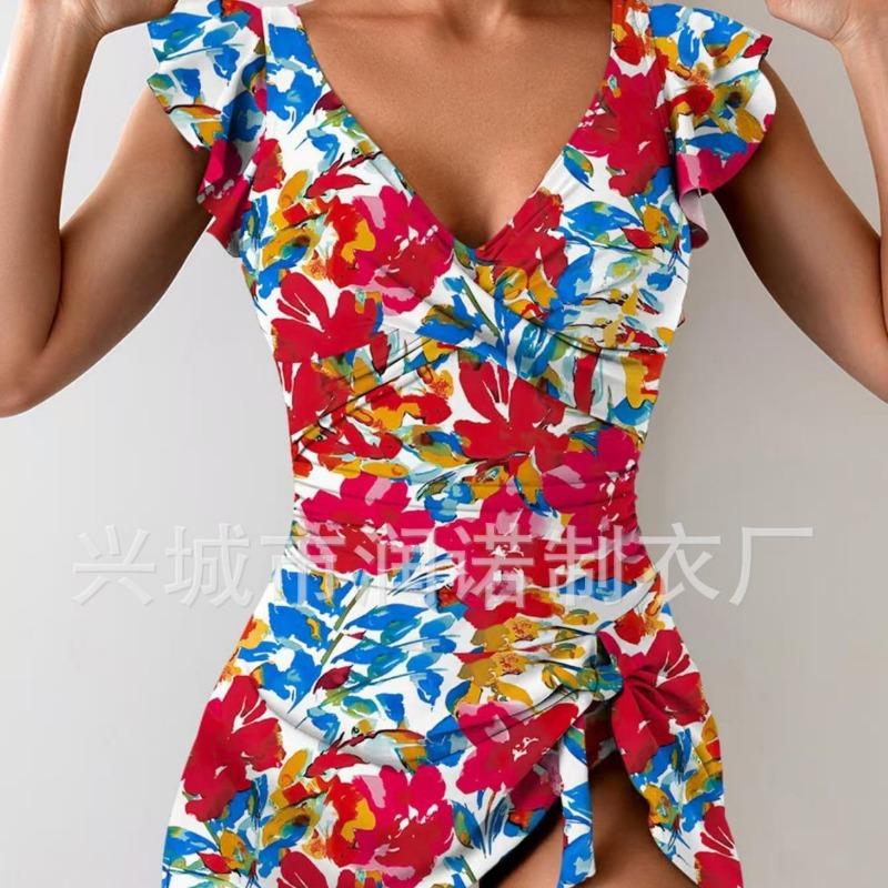 Damen Blumendruck Rüschenärmel Badekleid Seiten Schleife Dekoration Einteiler Badeanzug