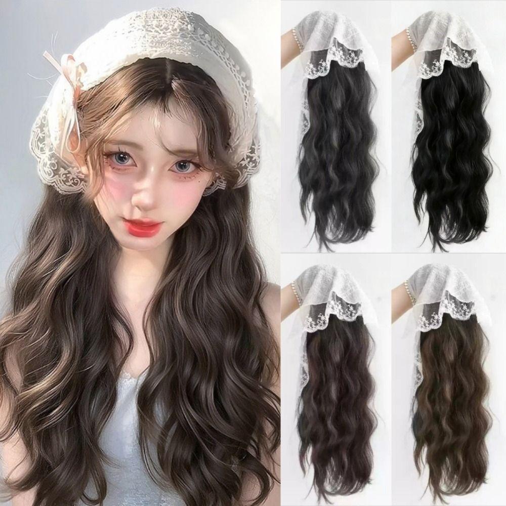 Floral Half Headband Wig Hair Scarf Long Wavy Hair Lace Headscarf Headband Wig  Party