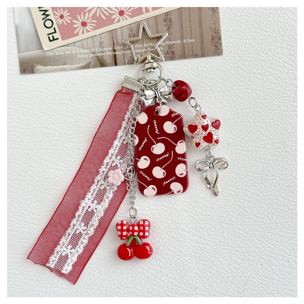 Cute Red Cherry Print Card Women Hollow Star Star Resin Charm Red Lace Ribbon Tassel Girl Backpack Accessories Bag Charm