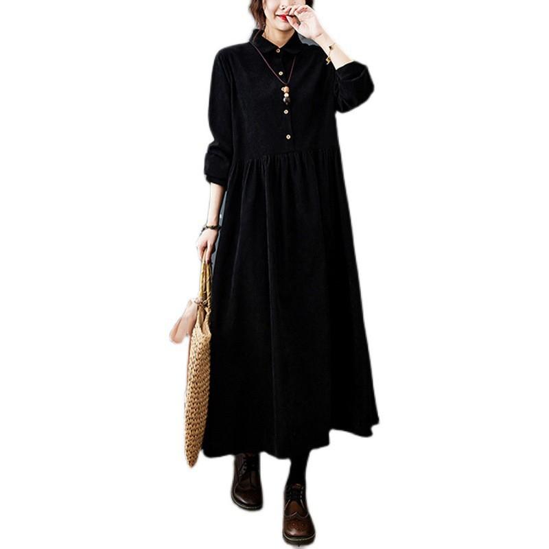 Corduroy Long Sleeve Wrap Dress Women Oversized Relaxed Fit A-Line Skirt Plus Size