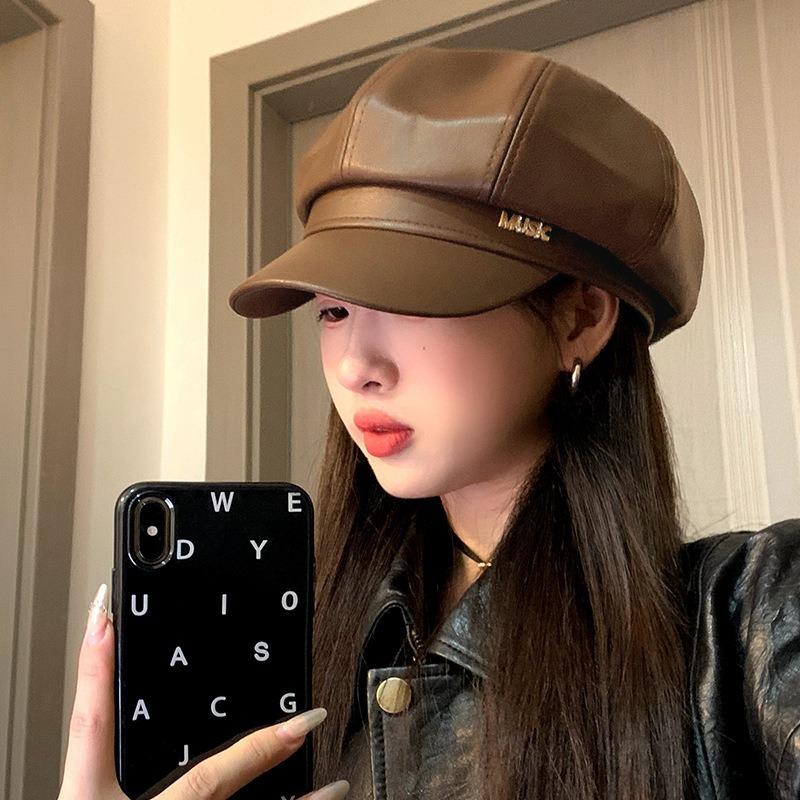 Big Head Circumference Beret Female Autumn and Winter Retro Pu Leather Octagonal Hat Painter Hat Showing Face Small Newsboy Hat