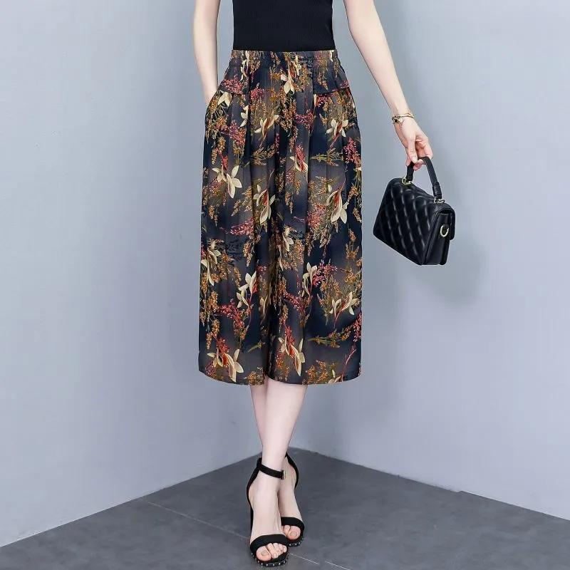 Pantalones Casuales Sueltos de Siete Minutos de Pierna Ancha de Cintura Alta para Mujer de Verano para Mujeres de Mediana Edad y Mayores Finos Cómodos