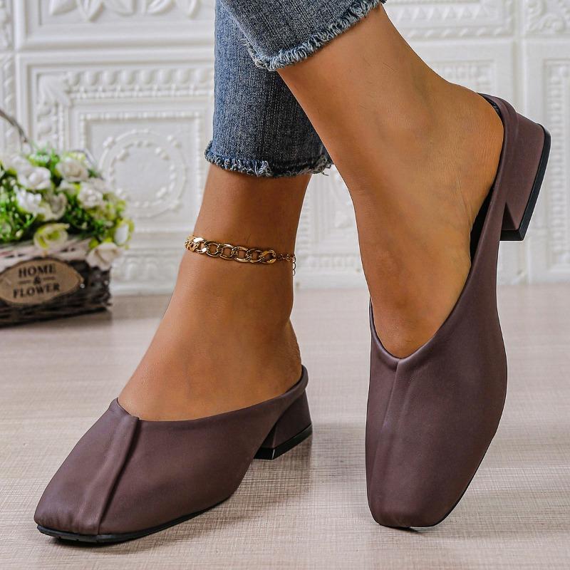 Low Heel Semi-drag Autumn New Square-toe Shallow-mouth Splicing Soft-sole Anti-slip Wear-resistant Wrapped-head Slippers