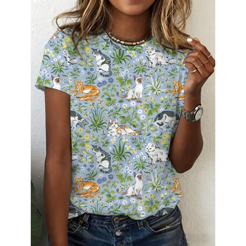 

Women s loose sports casual short-sleeved round neck T-shirt, fresh pastoral cat and flower printed all over, cute and age-reducing S
