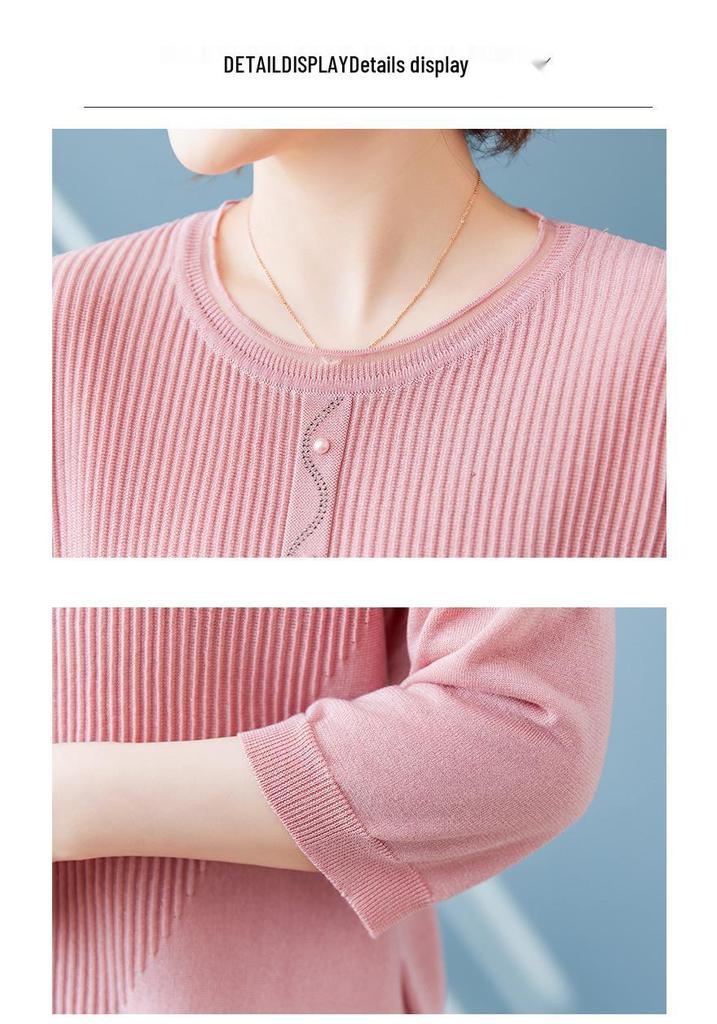 Stylish Thin Base Layer Knit T-Shirt for Middle-Aged Women, Small Size, Mid-Sleeve, Perfect for Spring and Autumn