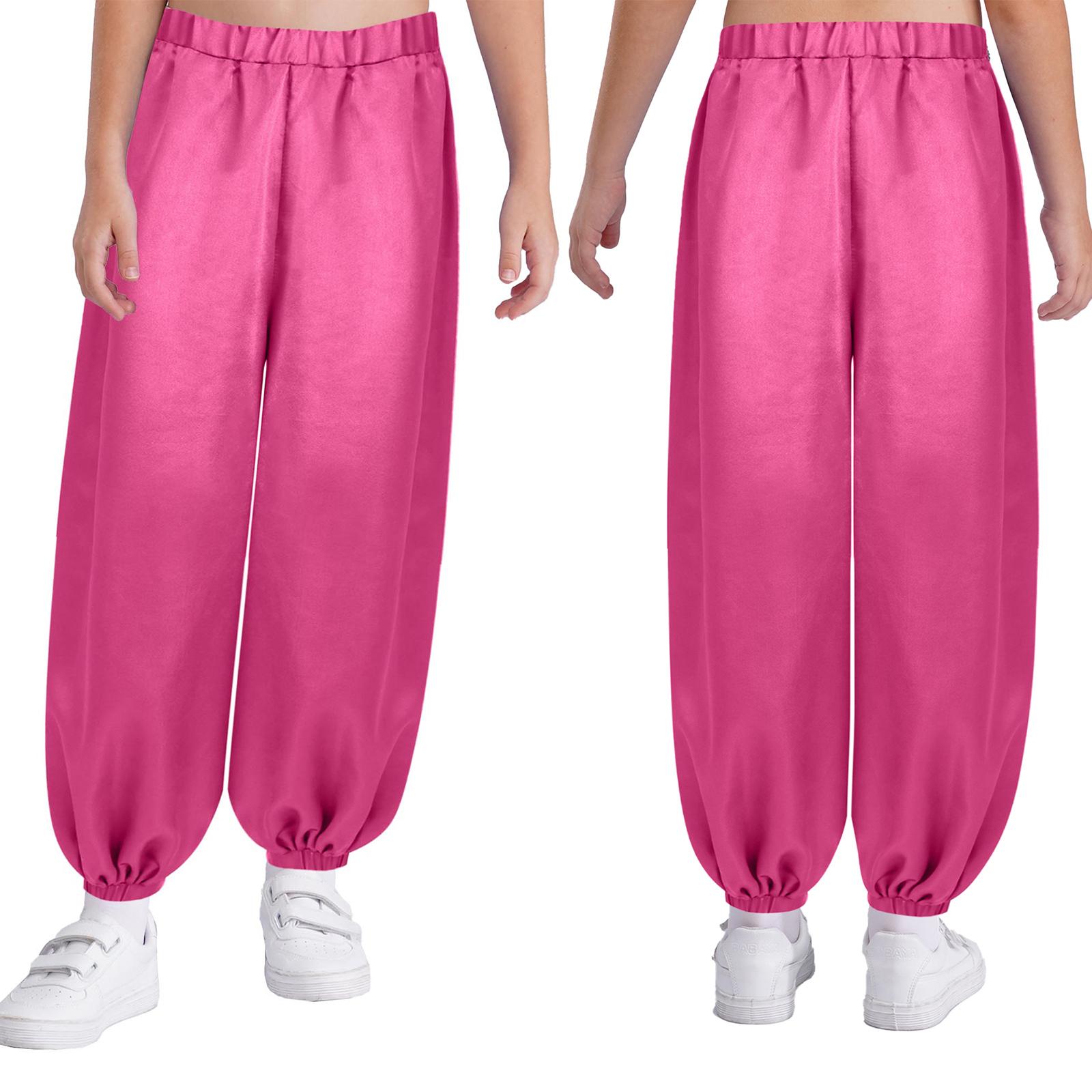 

Дівчачі атласні шаровари для танцю живота, еластичний пояс, вільний крій, однотонні, костюм для виступу 7-8 Years гарячі рожевого кольору