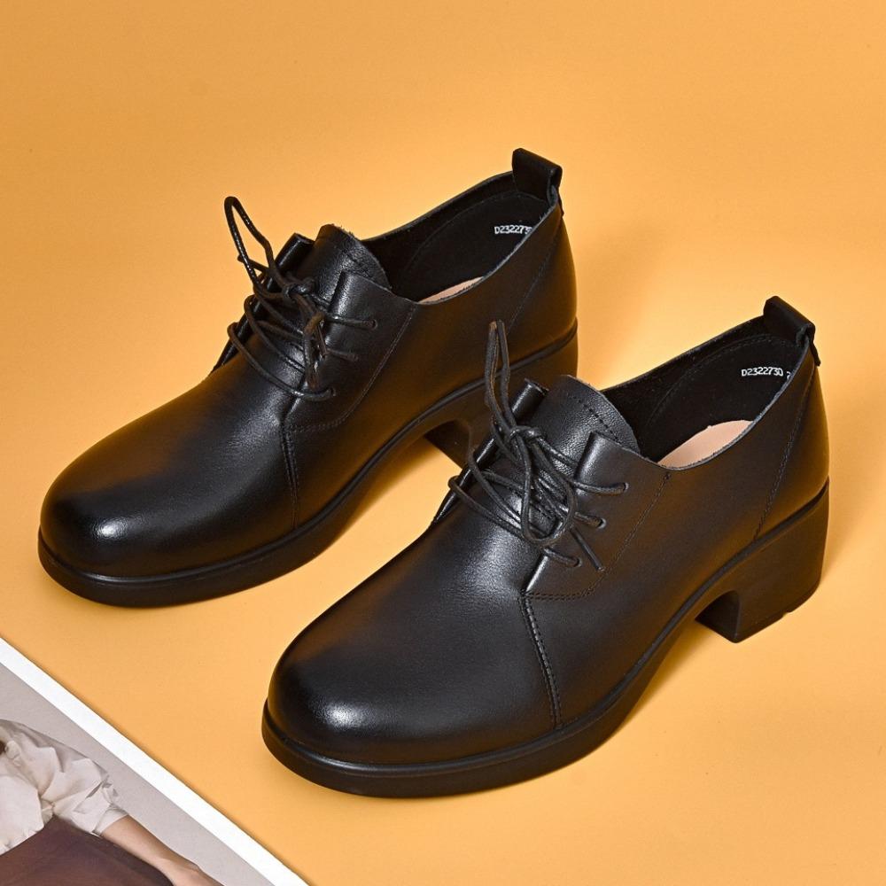 Loafers Women's Spring Autumn Round Head Lace-up Leather Shoes Women's New First-layer Cowhide Thick Heel Commuter Work Shoes