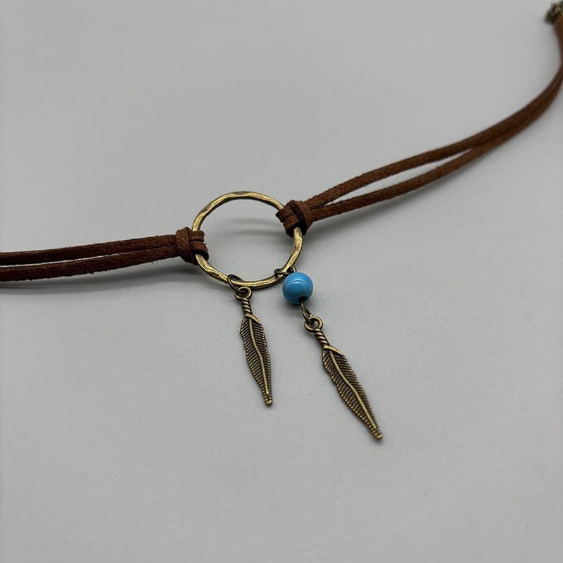 Vintage Bronze Leaf Pendant Leather Geometric Round Clavicle Choker Necklace