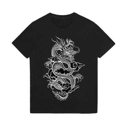 Summer Men's Clothes Dragon Printed O Neck Blouse Cotton T-Shirts Male Tee Tops