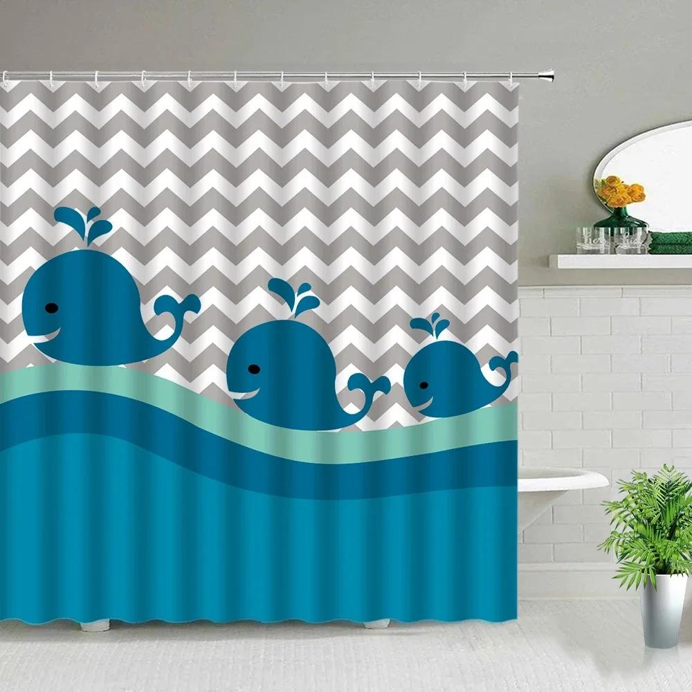 Colorful Cartoons Fish Shark Shower Curtains Ocean Life Children's Bathroom Home Decor Cloth Curtain Set Waterproof Bath Screens
