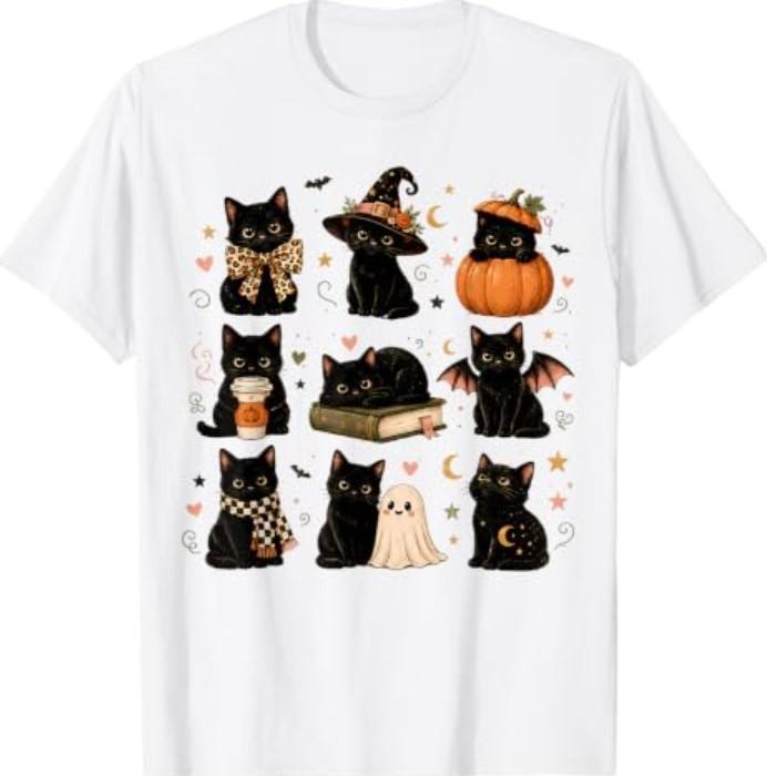 Black Cat Halloween Witch Pumpkin Ghost Spooky Season T-Shirt1
