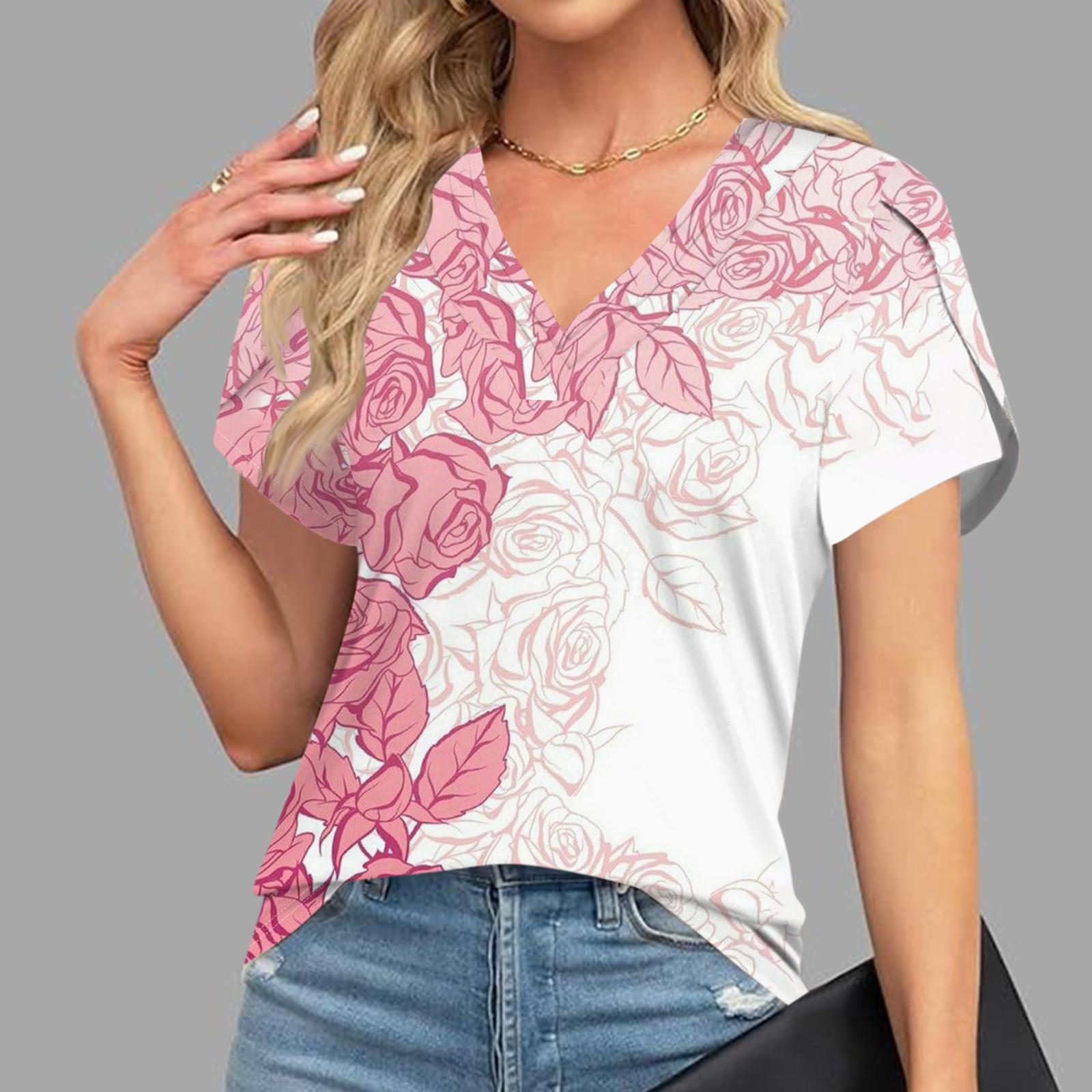 

Блузки для жінок Одягнений повсякденний, модний принт, короткий рукав, ретро-принт, футболка Унікальний дизайн, V-подібний виріз, великі футболки XL рожевий