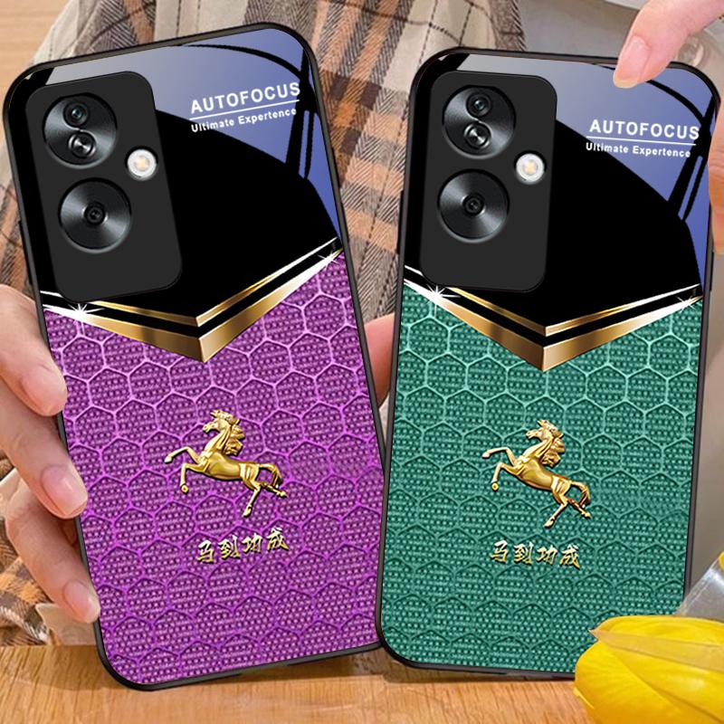 Waben-Grünes Pferd Für Oppo A79 5G 58 78 74 60 4G Reno 11F Realme GT 6 11 Note 50 10 C55 X2 Gehärtetes Glas Schwarze Handyhülle
