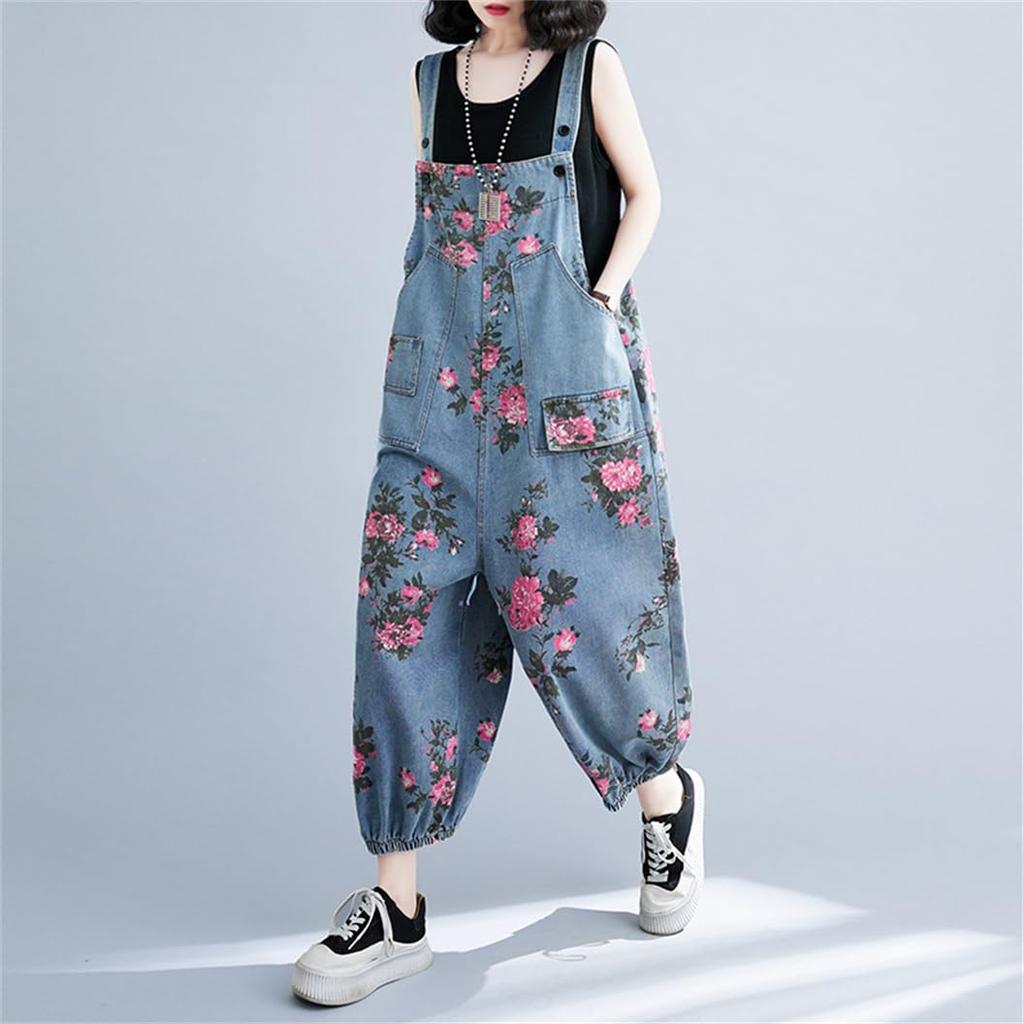Mouhoukyo Denim Denim Loose Casual Cute Floral Sizes Women's Overalls, Wide-Leg Pants, All-in-One Pants, Fit, Jeans, Print, Spring, Summer, Autumn,