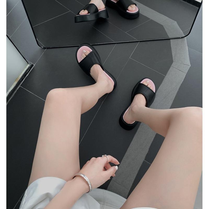 Sheepskin genuine leather one-character casual thick-soled heightening slippers women's summer cool slippers outer wear