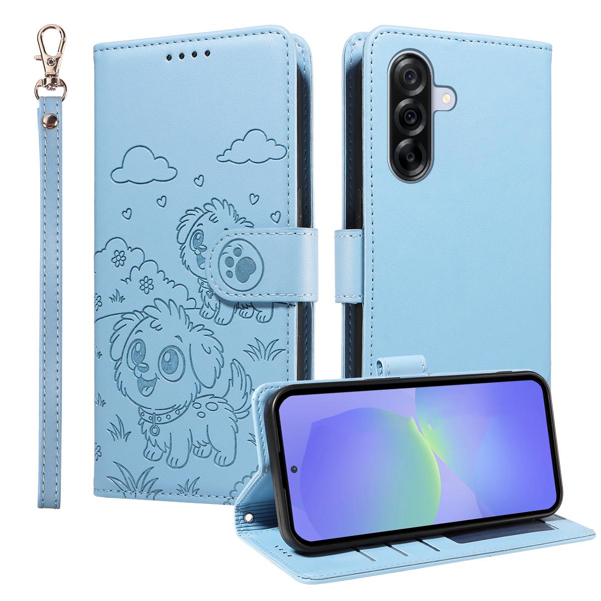 

For Samsung Galaxy A36 5G Case RFID Blocking Imprint Dog Pattern PU Leather Phone Cover with Wrist Strap D