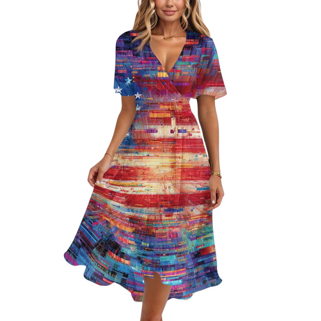 Women's Casual V-Neck Short-Sleeve Independence Day Print Dress